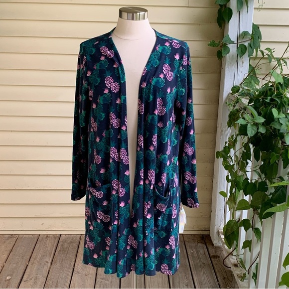 NWT LuLaRoe Caroline Sz Large Cardigan Open Sweater Duster Blue Cactus Print - Picture 1 of 8